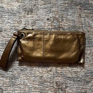 HOBO Gold Metallic Zip Wristlet with Patterned Interior